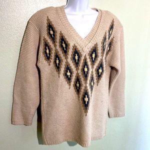 Vintage Paul Alexander Alpaca Wool Blend V Neck Sweater Nordic Fair Isle Tan M